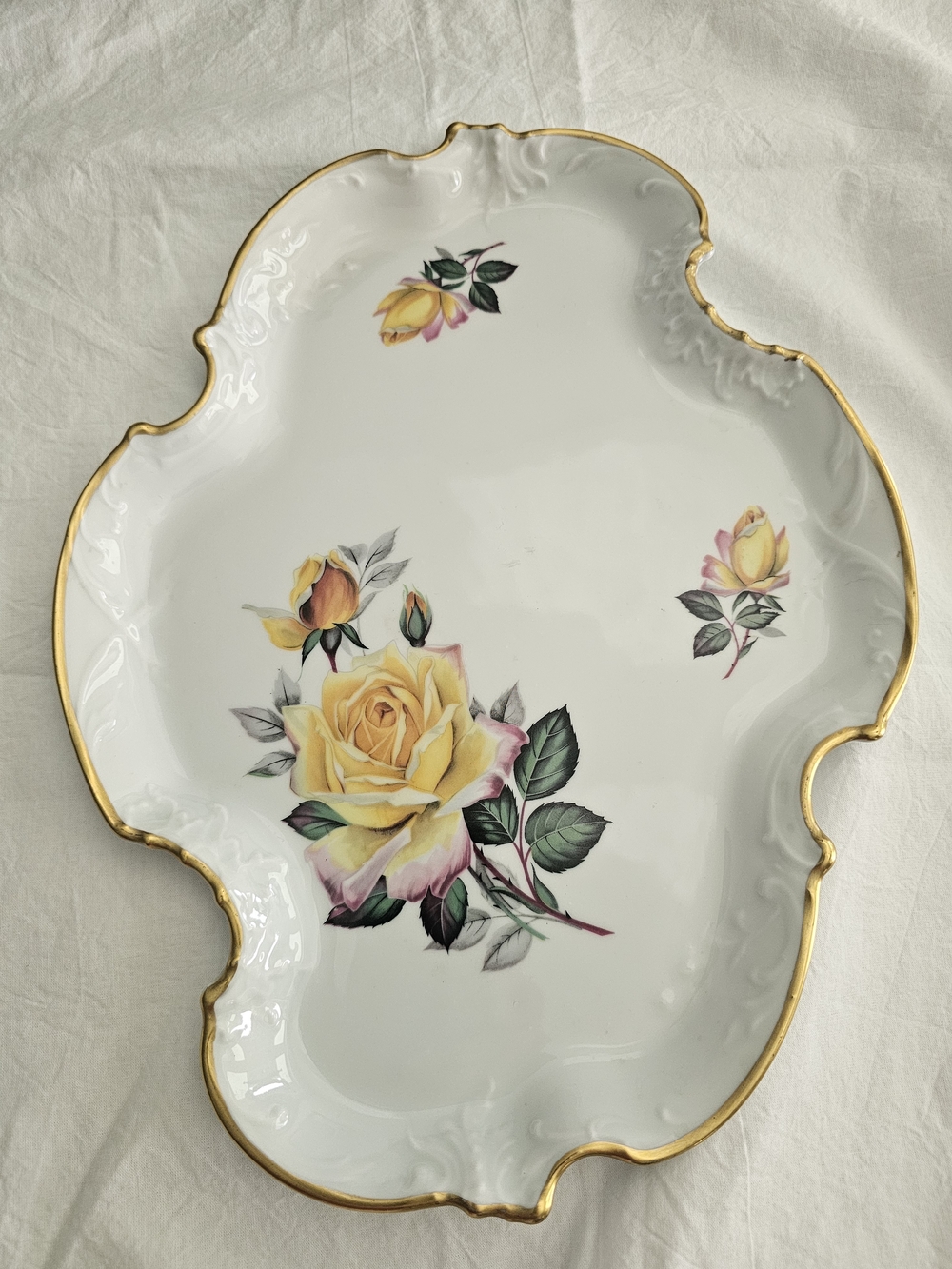 Chahart Limoges France Yellow Roses Porcelain Serving Tray, Gold Trim